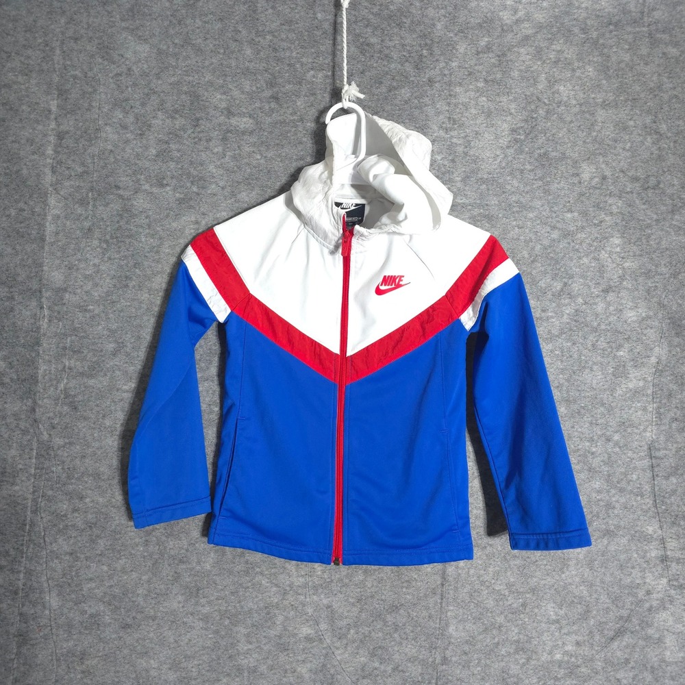Nike Windbreaker Jacket Hooded Full‎ Zip Kids XS Red White Blue Athletic Shell